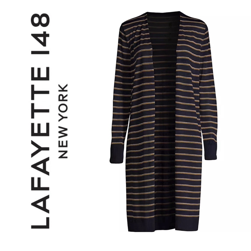 LAFAYETTE 148 New York Silk Blend Long Striped Open Front Sweater Cardigan L